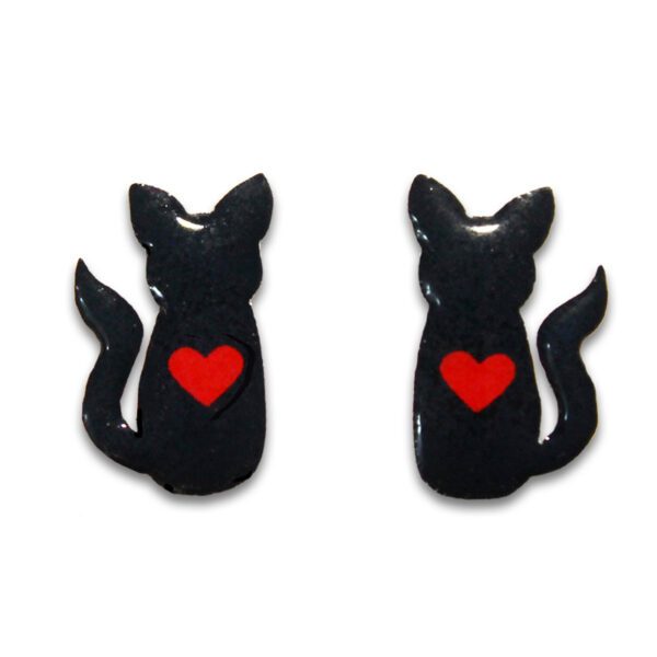 Black Cat & Heart Stud / Post Earrings